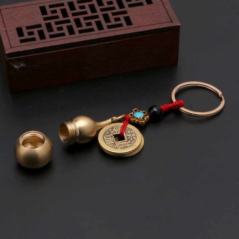 Lucky Gourd Keychain with Feng Shui Coins Brass Calabash Wu Lou Pendant Keychain