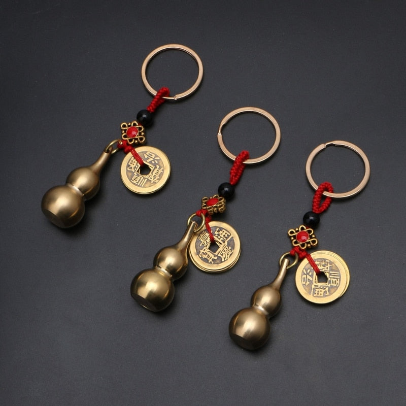 Lucky Gourd Keychain with Feng Shui Coins Brass Calabash Wu Lou Pendant Keychain