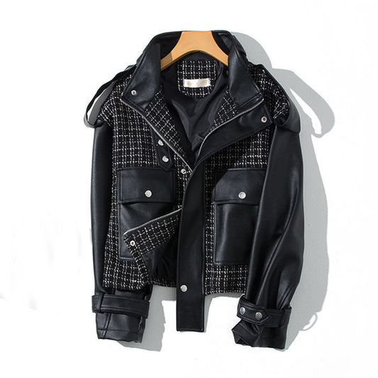 SPLICING LEATHER JACKET WOMEN COAT