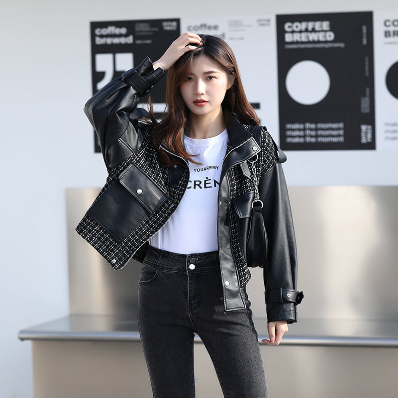 SPLICING LEATHER JACKET WOMEN COAT