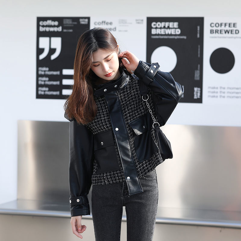 SPLICING LEATHER JACKET WOMEN COAT