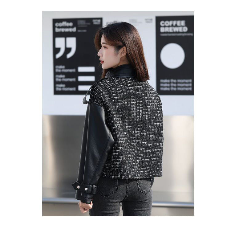 SPLICING LEATHER JACKET WOMEN COAT