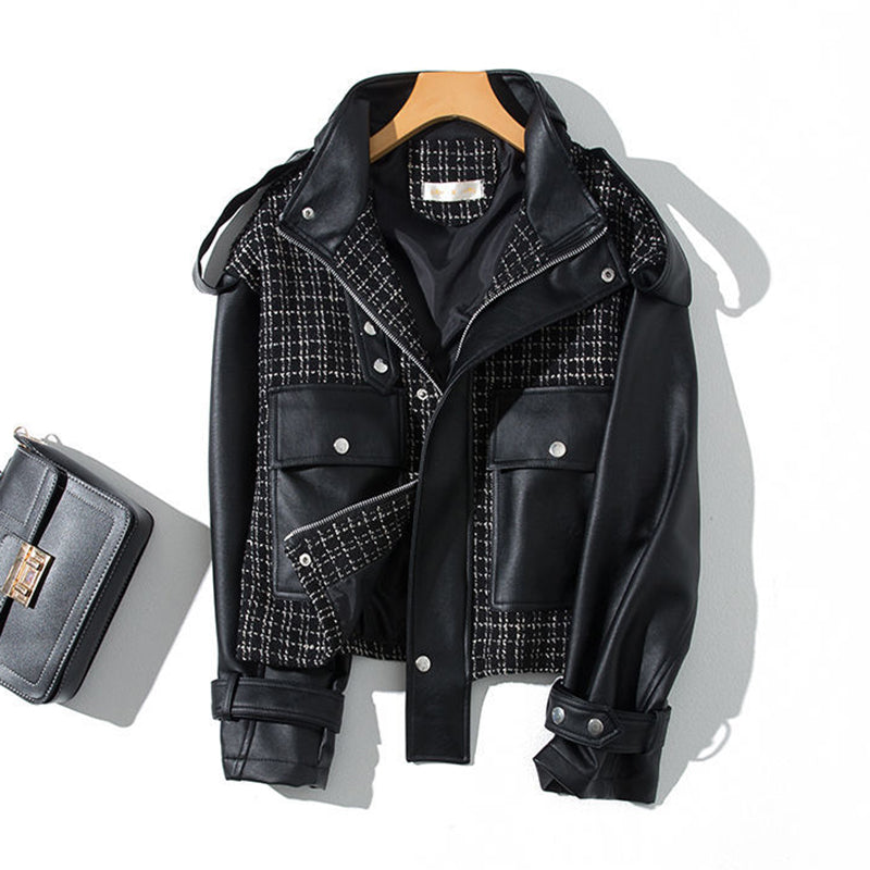 SPLICING LEATHER JACKET WOMEN COAT