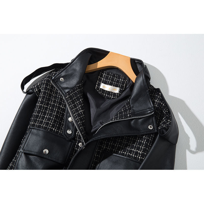 SPLICING LEATHER JACKET WOMEN COAT