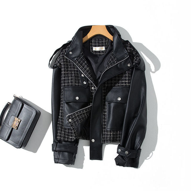 SPLICING LEATHER JACKET WOMEN COAT