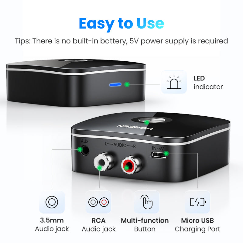 2RCA Bluetooth 5.0 Audio Receiver 5.1 aptX HD 3.5mm Jack Aux Wireless Adapter Music for TV Car